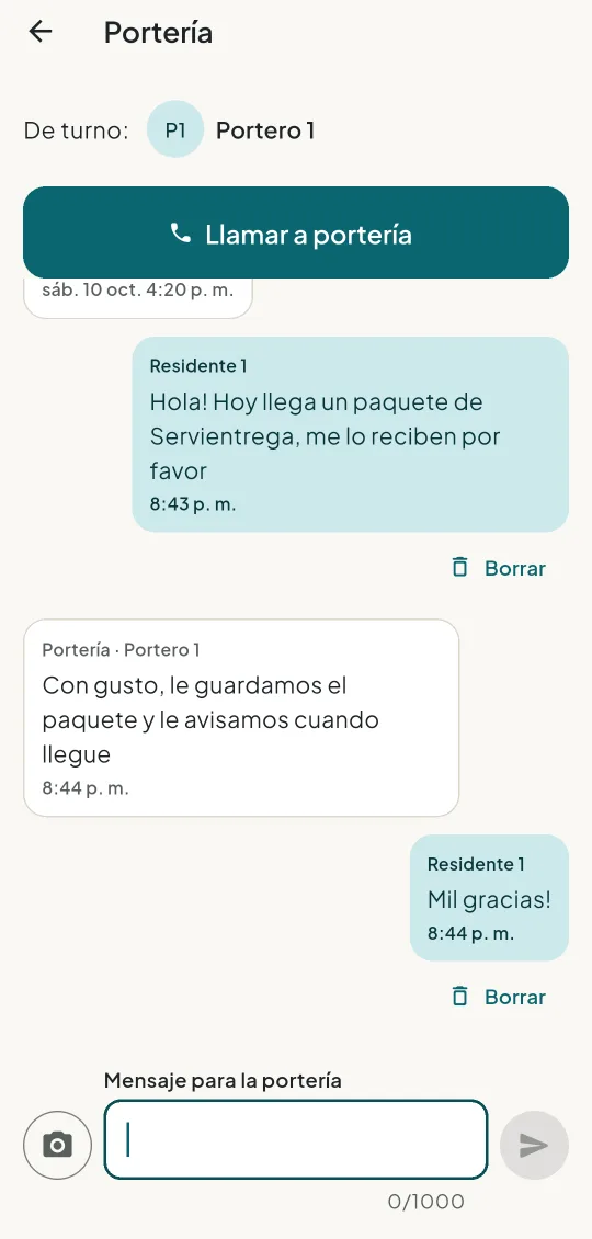 Chat del residente con la portería en Colobi