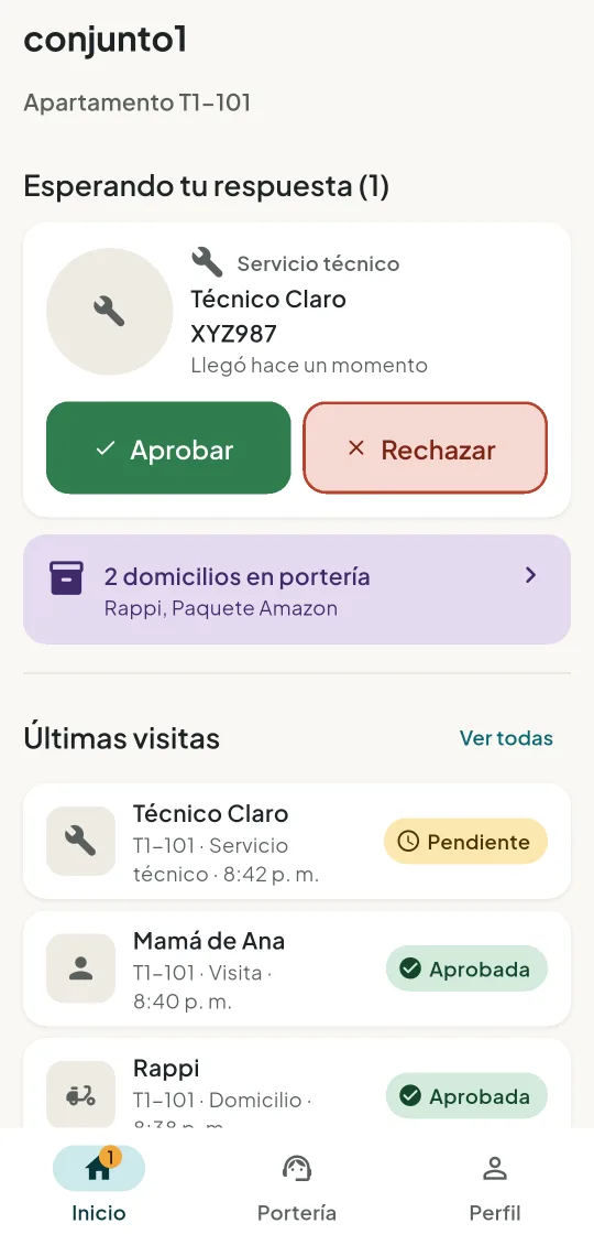 Inicio del residente con la visita pendiente y el historial de visitas de su apartamento