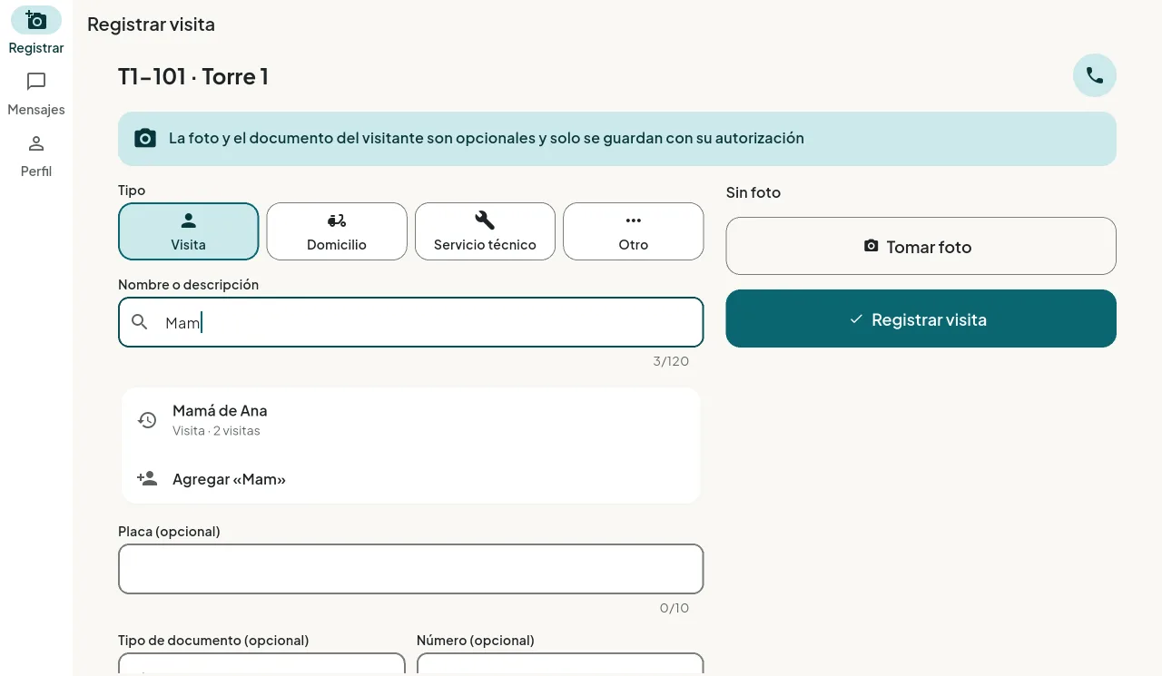 Tablet de portería registrando una visita para el apartamento T1-101 en Colobi